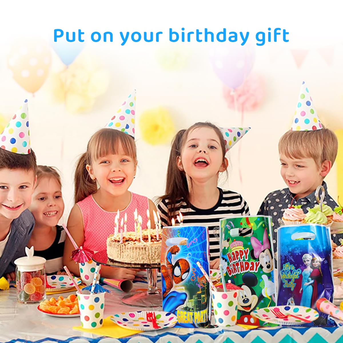 HASTHIP 60Pcs Superhero Spiderman, Mickey, Frozen Cute Party Gift Bags Candy Favors Bags for Kids Birthday Cartoon Theme Party Baby Shower Decorations