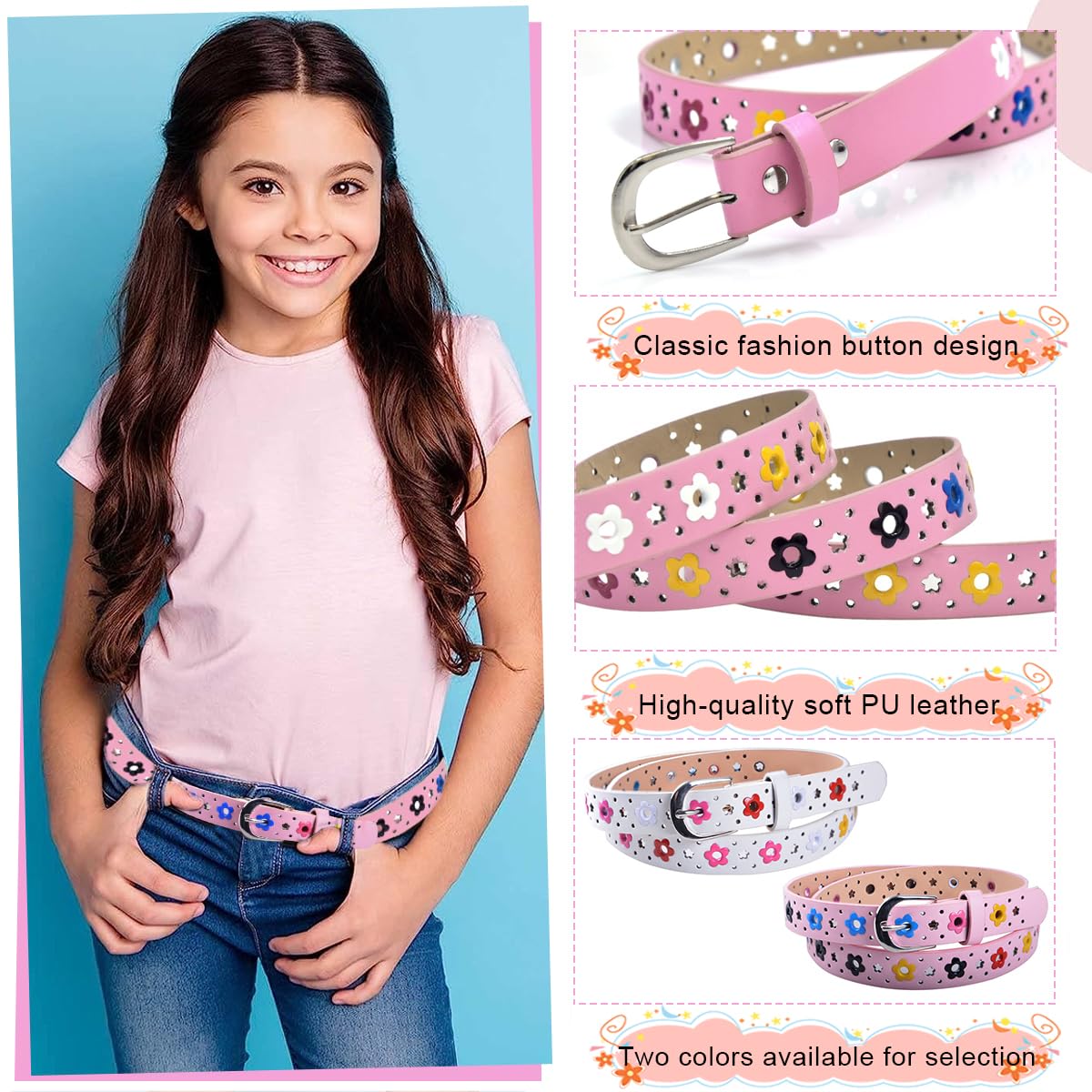 PALAY 2 Pack Belt for Girls, Stylish PU Leather Girls Belt, Flower Hollow Cut Waist Belt for Jeans Pants Dress for Kids Girl 6-12 Years Old