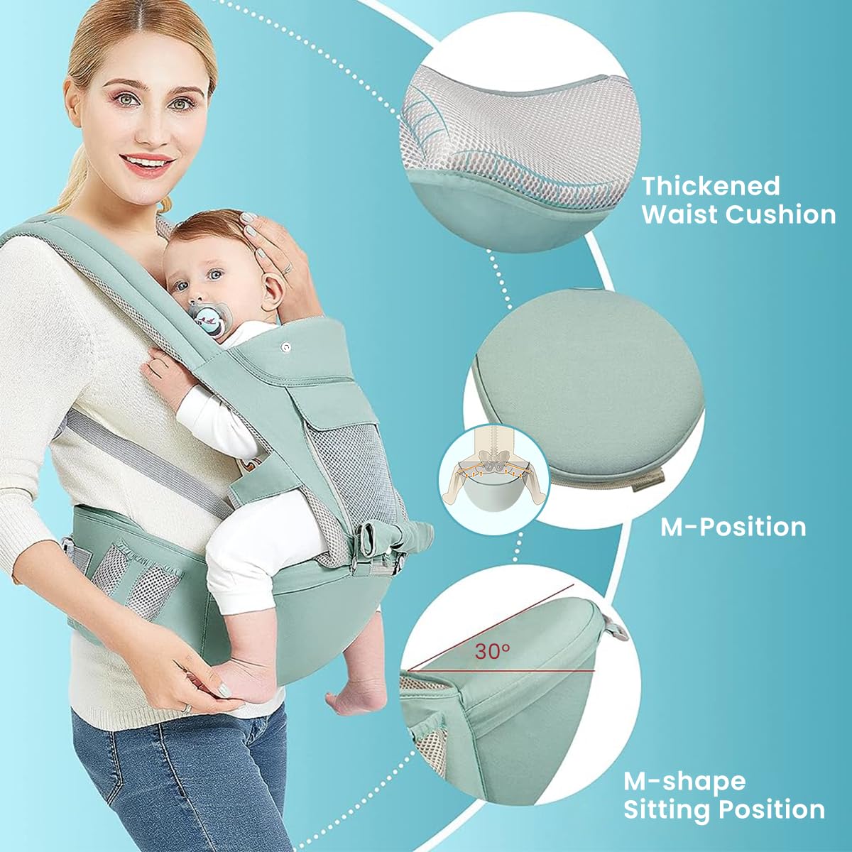SNOWIE SOFT 6 in 1 Baby Carrier with Lumbar Support for Baby with Pockets and Bib, 360 All-Position Baby Wrap Carrier Front and Back Backpack Carrier for Newborn Infant Toddler Unerder 30kg