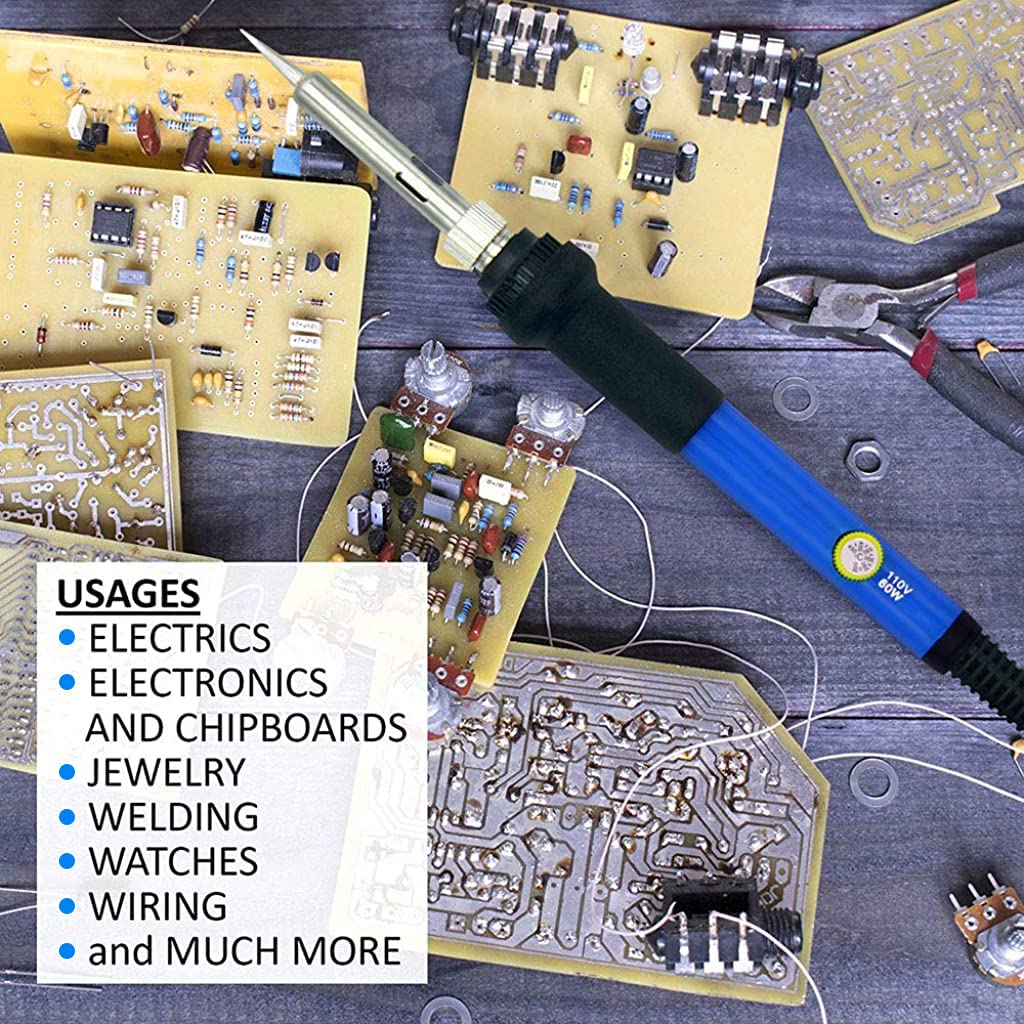 Serplex Soldering Iron Kit, 110V 60W Adjustable Temperature Soldering Kit Electric Soldering Kit Set Welding Tools with 5pcs Different Tips, Stand, Tweezers, Sponge, Flux Pen, Soldering Wire (11Pcs)