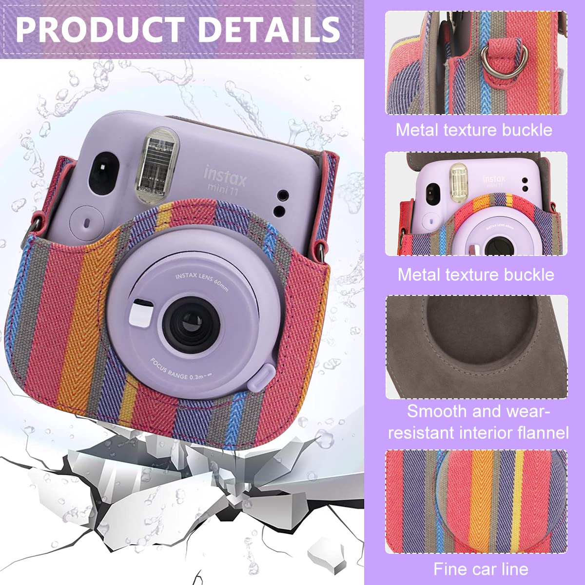 ZORBES Instax Mini 11 Case Cover, Protective Camera Case for Fujifilm Instax Mini 11, Color Striped Easy Install Bag with Removable Shoulder Strap & Top Cover for Intex Camera Mini 11 Mini 8 Mini 9