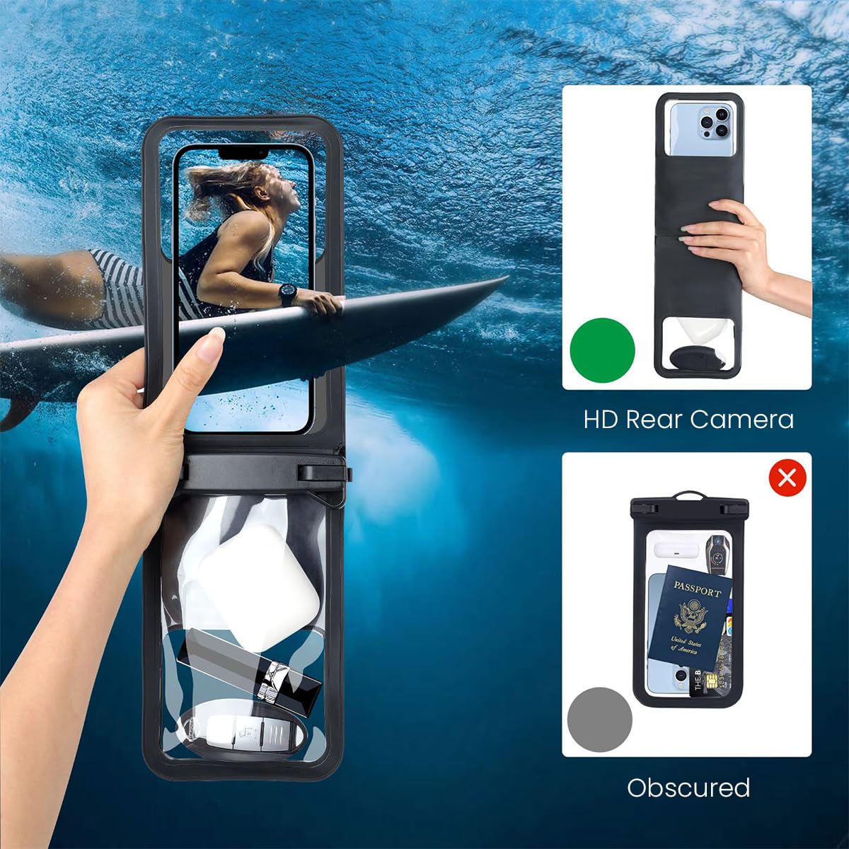 ZORBES Waterproof Phone Sling Bag for 7'' Phone and Below IPX8 Dual-Pocket Waterproof Phone Pouch with Lanyard Universal Transparent Diving Phone Bag for Phone, Earphone, Keys, Cash
