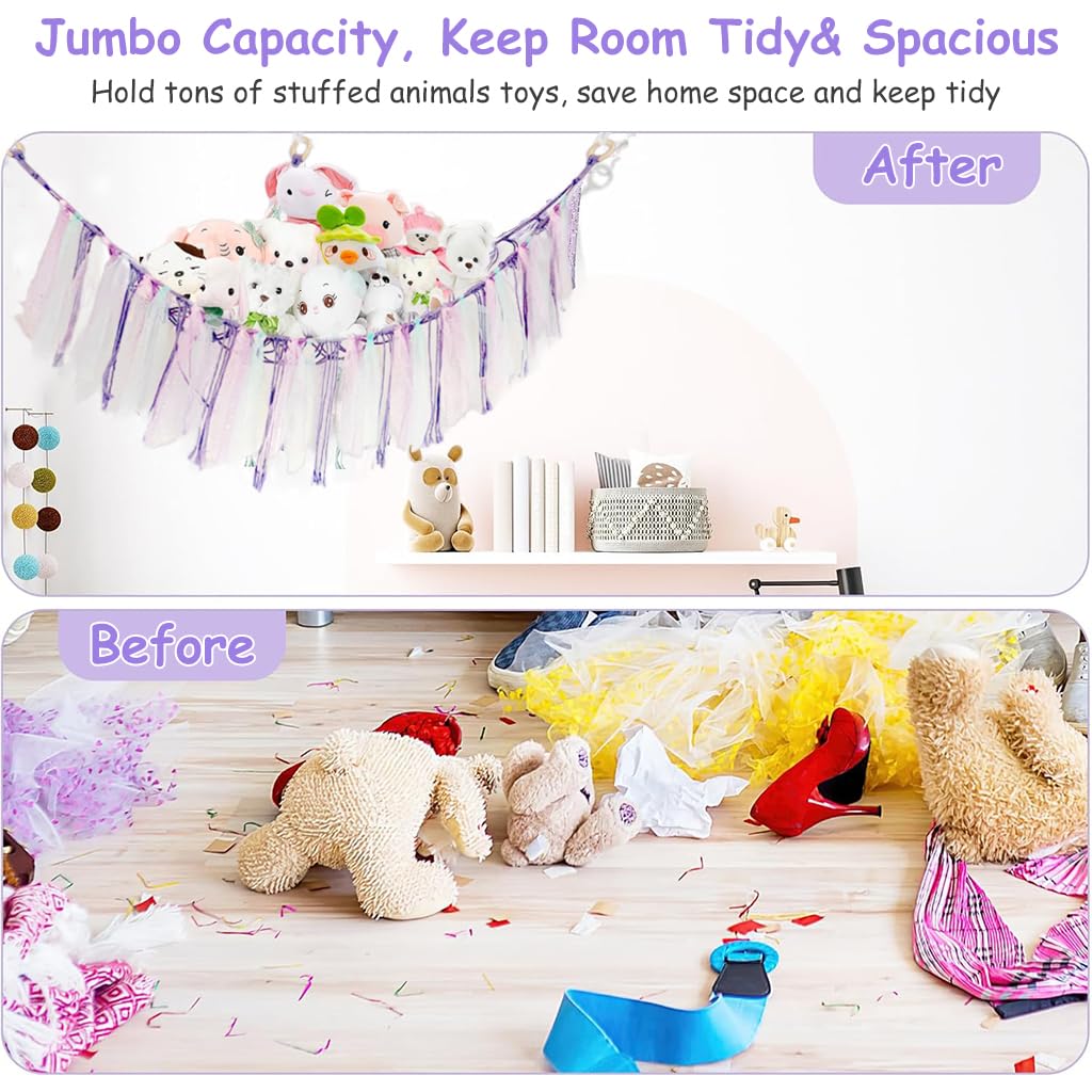 PATPAT DIY Stuffed Animal Toy Hammock Girls Room Decoration Plush Toy Hanging Storage Net Dreamy Purple Tassle Ribbon Hanging Net Self Adhesive Hanging Decorative Net Wall Corner Triangle Hangings