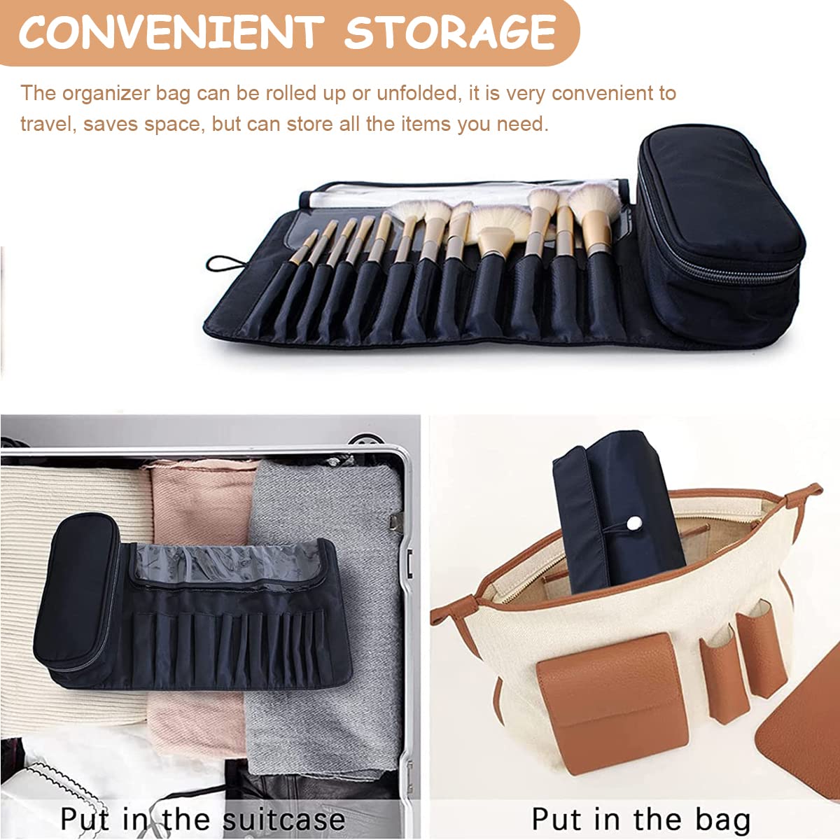 MAYCREATE Makeup Brush Holder Travel Makeup Brush Organizer Cosmetic Bag Roll Up Storage Case Pouch with 12 Brush Sleeve, Zipper & Mesh Pouch, Waterproof & Dustproof