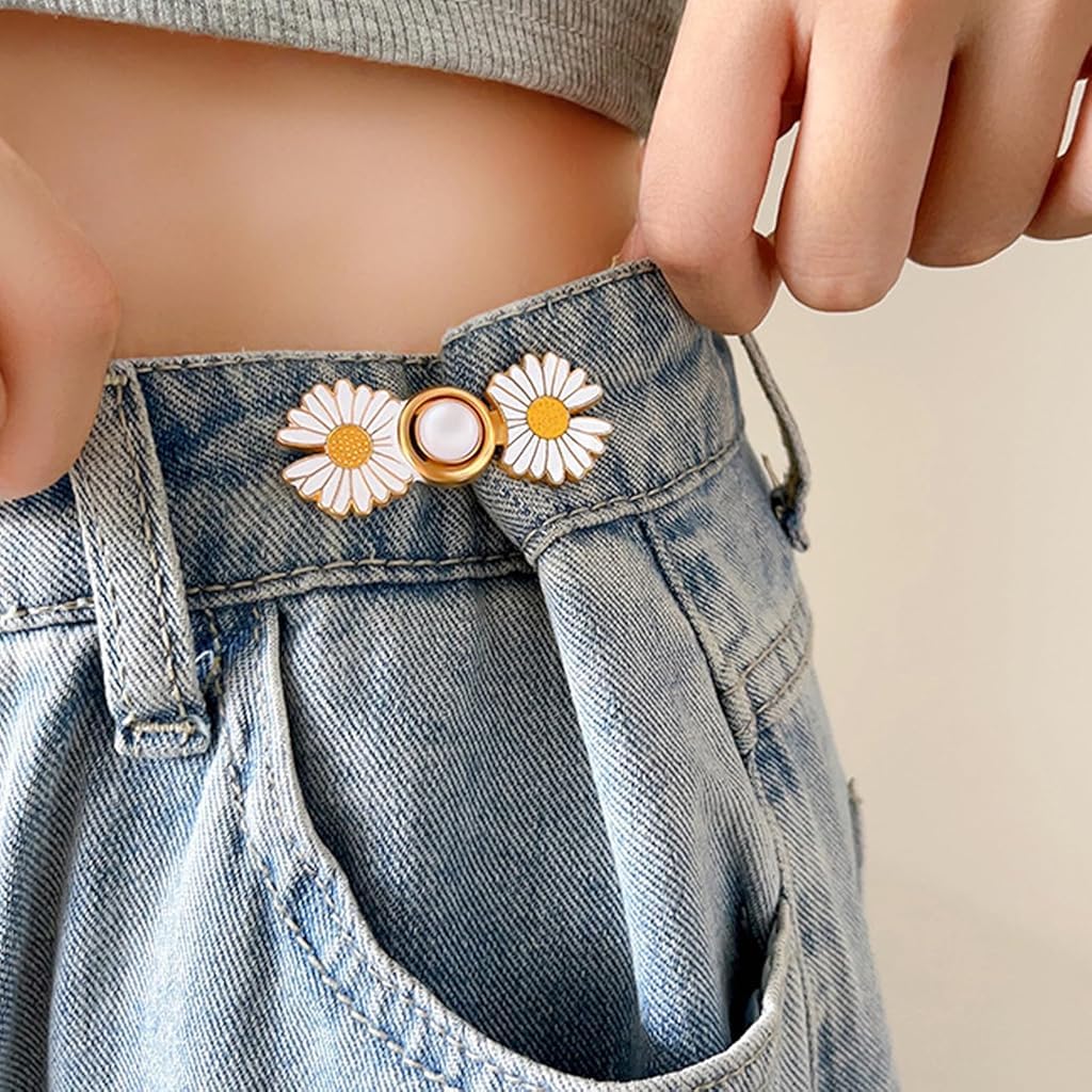 SANNIDHI 4Pcs Daisy Jeans Tightening Clips, Flower Detachable Jeans Adjustable Button Pins, Adjustable Waist Buckle for Women, Instant Pants Waist Tighteners for Loose Waist for Pants Skirts