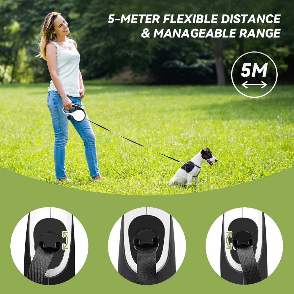 ZIBUYU Retractable Dog Leash with Detachable Waste Bag 2 In 1 Auto Dog Belt One Button Lock & Release Strong Nylon Tape No Tangle for Small, Medium, Large Pet Accessories (Dogs Up to 50kg) 5m