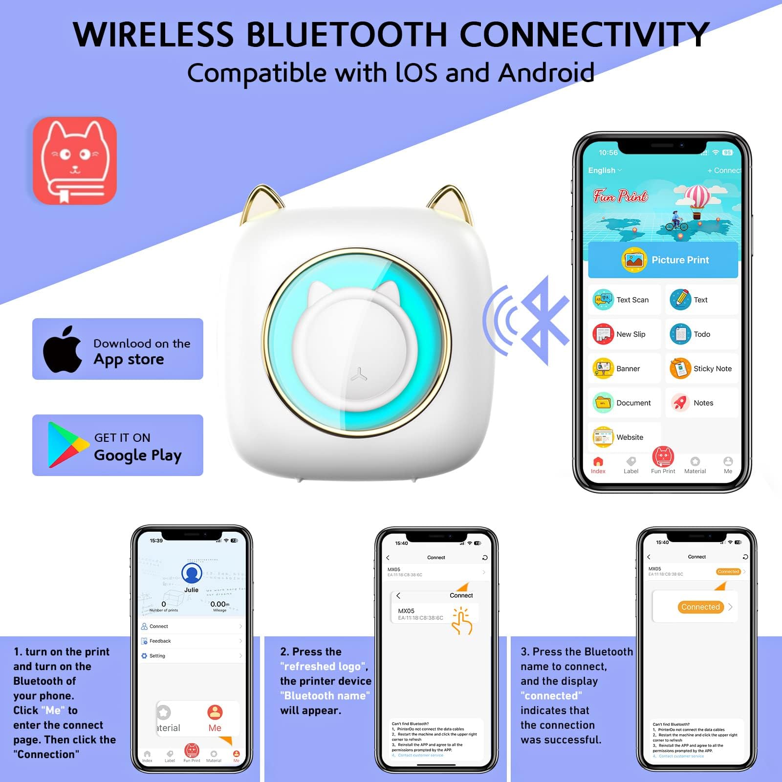 ZORBES Mini Printer Bluetooth Thermal Printer Black & White Portable Photo Printer Compatible with iOS, Android, Wireless Printer with 6 Rolls Printing Paper for Printing Label, Journal, Study Note