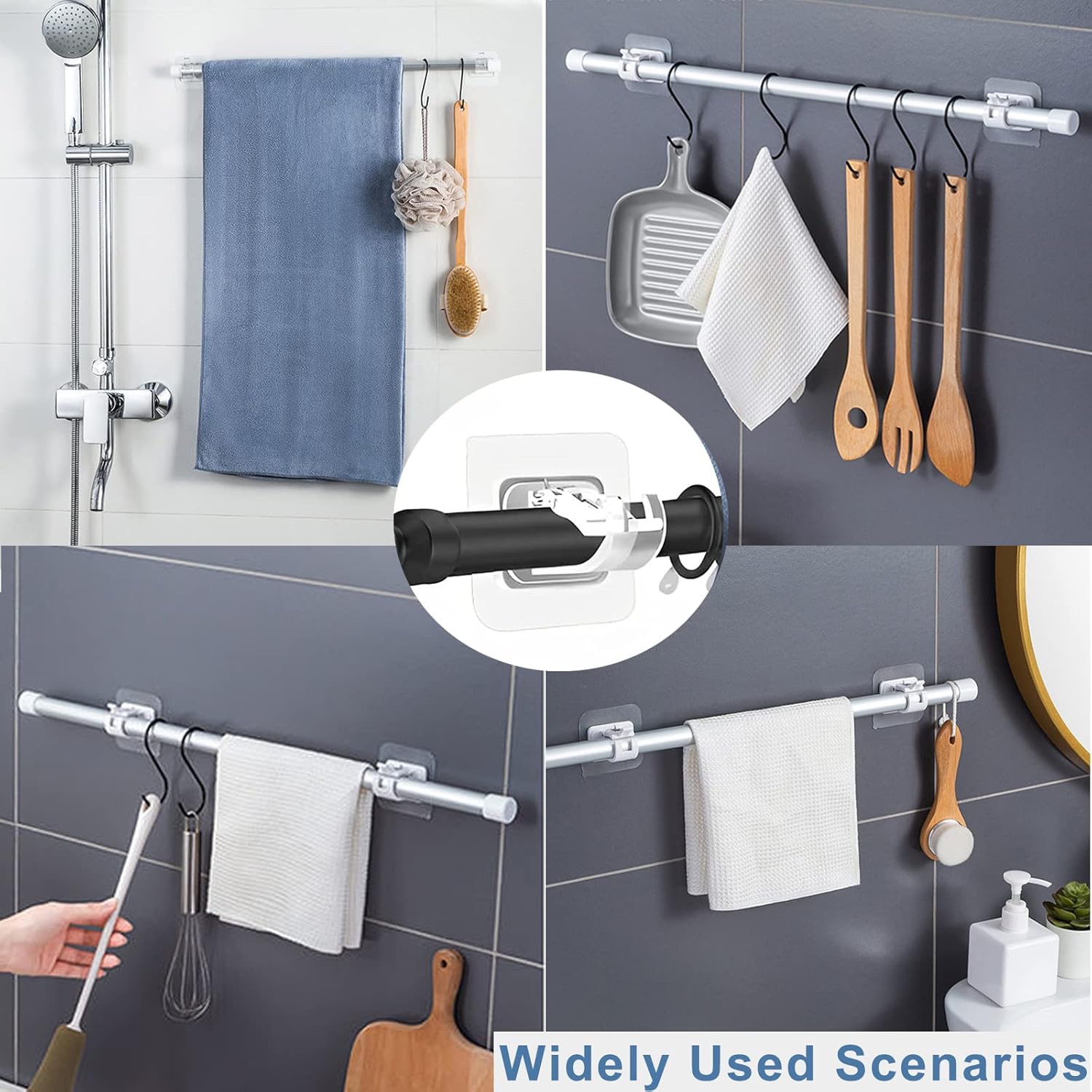 ZIBUYU® 6Pcs Window Curtain Rod Brackets for 2mm Dia Rods, No Drill Strong Adhesive Curtain Rod Supports, Snap Closure Rod Mounting Brackets, Multi Use Clear Pole Brackets for Room, Bathroom, Kitchen