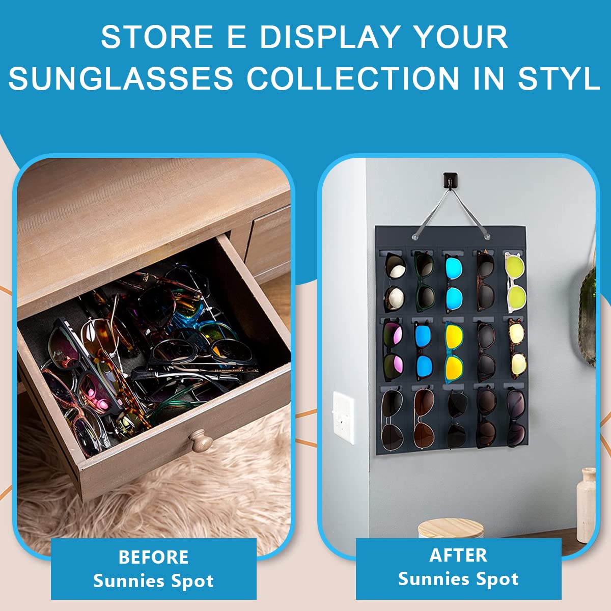 PALAY Sunglasses Organizer Box Wall Hanging Organizer for 15 Pair of Sunglass or Glasses, Hanging Eyeglasses Storage Holder, Sunglasses Case Displaying for Wardrobe(Without Sunglasses)