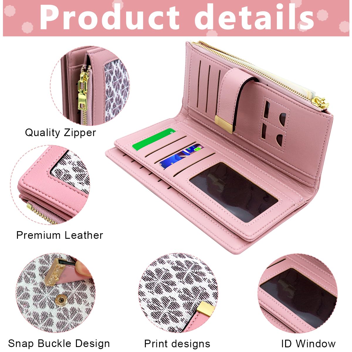 PALAY Women Purse PU Leather Long Wallet for Women RFID Card Bag Four Leaf Clover Embossing Fashion Women Wallet Cluntch Bag Gift for Women (Pink)