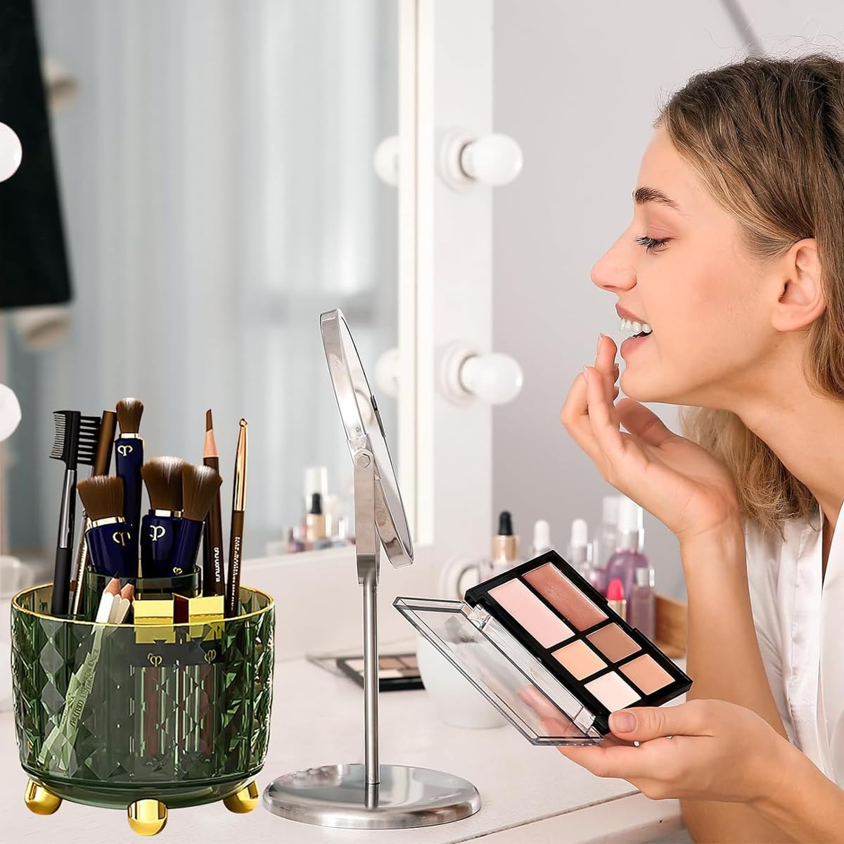 MAYCREATE Makeup Brush Holder Organizer with Lid, 360 Rotating Clear Dustproof Makeup Brushes Storage Stand for Vanity Bathroom Countertop - 5 Compartments, Anti-slip Base