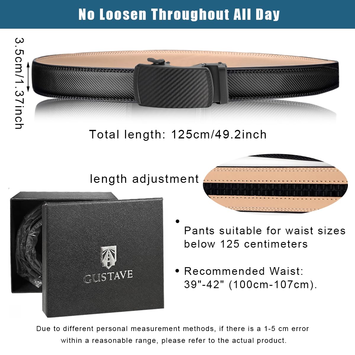 GUSTAVE Belts for Men Black Slim Leather Belt for Men Fashion Texture Slide Waist Belt Automatic Buckle Belt for Formal or Casual - 130cm Length, Free Adjustable, No Belt Hole