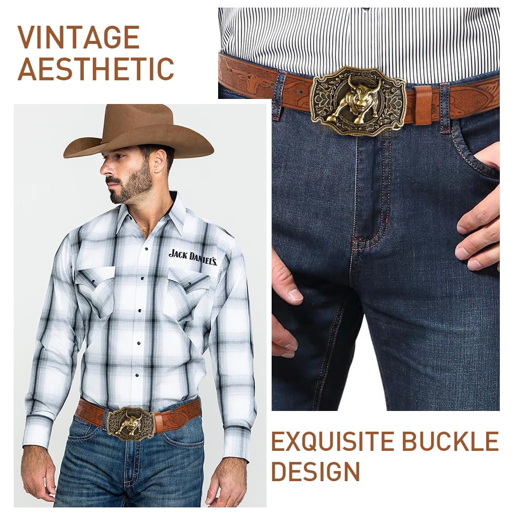 GUSTAVE Men's Belt Vintage PU Leather, Embossed Design with Alloy Bull Buckle, Durable & Stylish, 49 Inches Length, Gift for Men, Brown