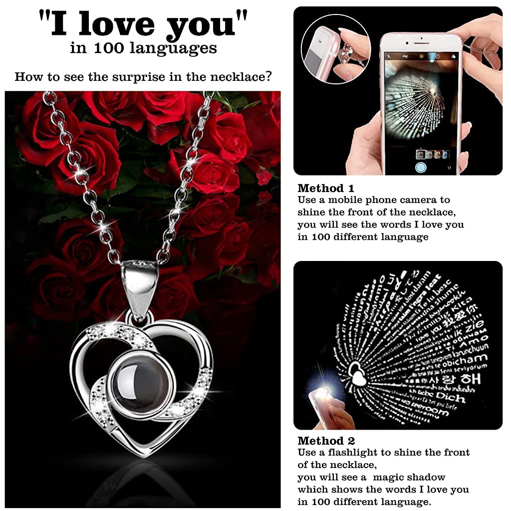 HASTHIP Eternal Rose Necklace for Women Girls Creative Preserved Rose Flower Necklace Gift for Women Creative 'I Love U' Projection Necklace Gifts for All Ladies on Birthday Christmas Valentines Day
