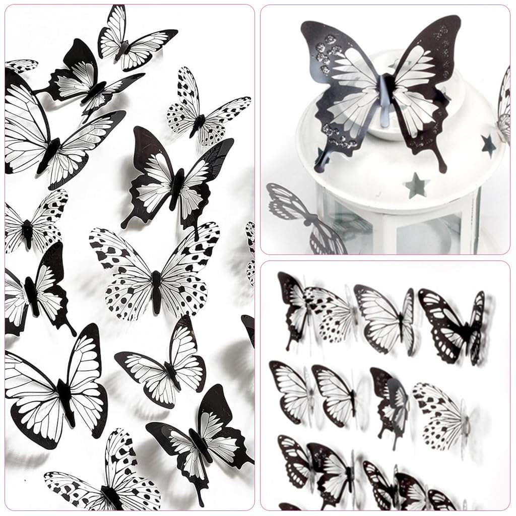 HASTHIP 36Pcs 3D Butterfly Wall Stickers Decor Removable Butterfly Stickers PVC Black and White Butterfly Decals DIY Decorative Wall Art Crafts for Baby Room Home Decor Refrigerator Decoration