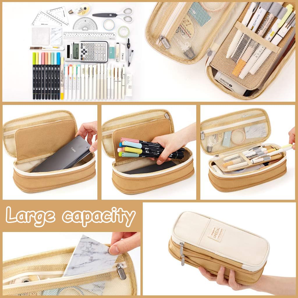 HASTHIP Large Capacity Pencil Case, Durable Storage Multiple Compartment Double Zipper Portable Capacity Pencil Pouch for College Student Teen, 22x11cm (Khaki)