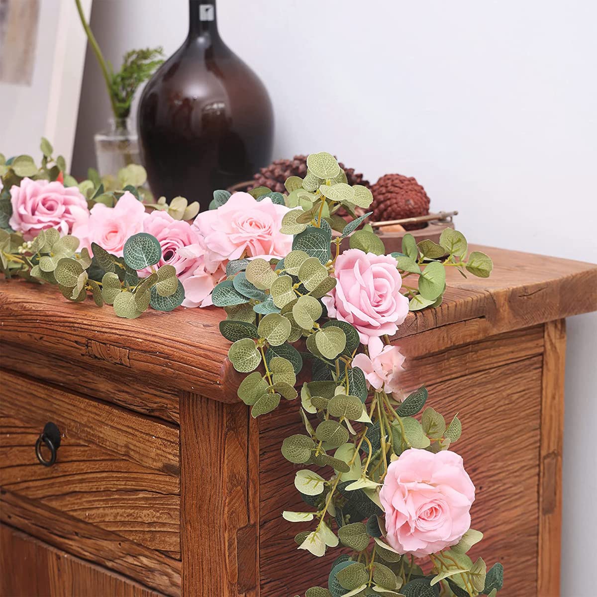 HASTHIP Artificial Rose Flowers Vine Garland, 1.8m Fake Artificial Flower Hanging Rose Ivy Flowers Garland Ornament for Door, Room, Garden, Wedding Decroation, Pink