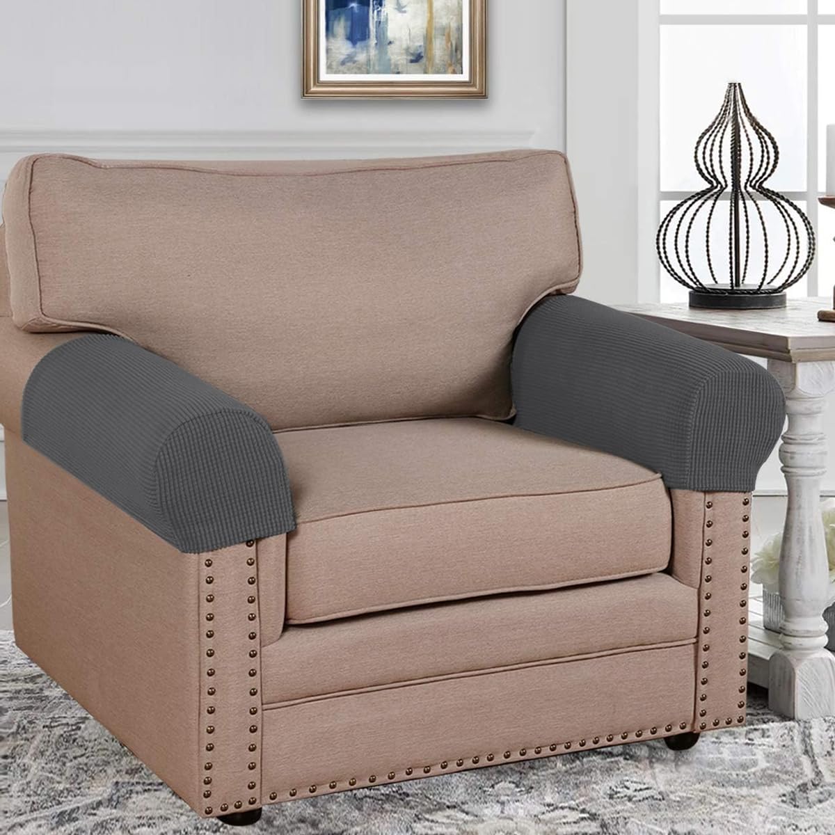 HASTHIP 2Pcs Elastic Sofa Armrest Cover for Armchairs Spandex Arm Armrest Cover for Reclining Sofa, Chaise Lounge Chair, Leather Chair, Recliner Sofa, Minimalist Gray Sofa Armrest Cover