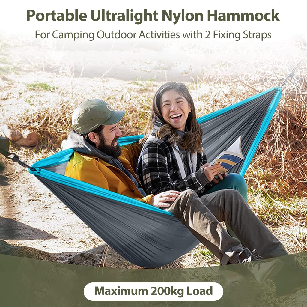 HASTHIP Blue Hammock for Camping Outdoor Activities with 2 Fixing Straps, Swing for Adults and Kids,Portable Ultralight Nylon Hammock for Travel,Beach,Trekking,Maximum 200kg Load