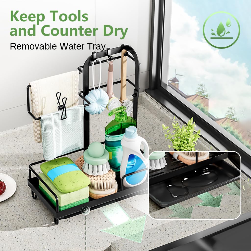 HASTHIP Kitchen Sink Organizer with Drainage System & Water Catch Tray, Sink Caddy Kitchen Sink Organizer, Large Sponge Holder for Kitchen Countertop with Hooks for Dish Brush Gloves, Black