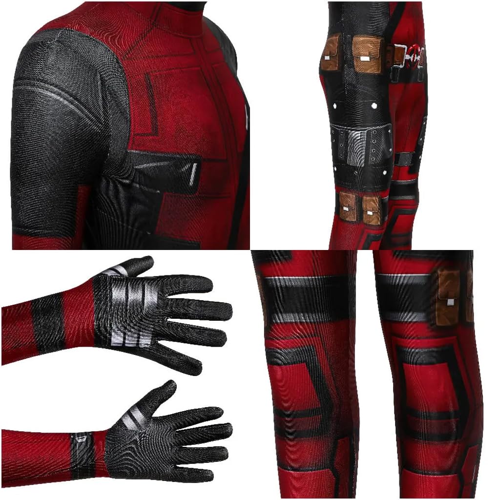 FANCYKU Kids Deadpool Costume Suit, Roleplay Costume Bodysuit with Deadpool Mask, Halloween Cosplay Costume for Boys, 3D Digital Print Jumpsuit Outfit for Boys Girls Christmas Gift (Size 130cm)