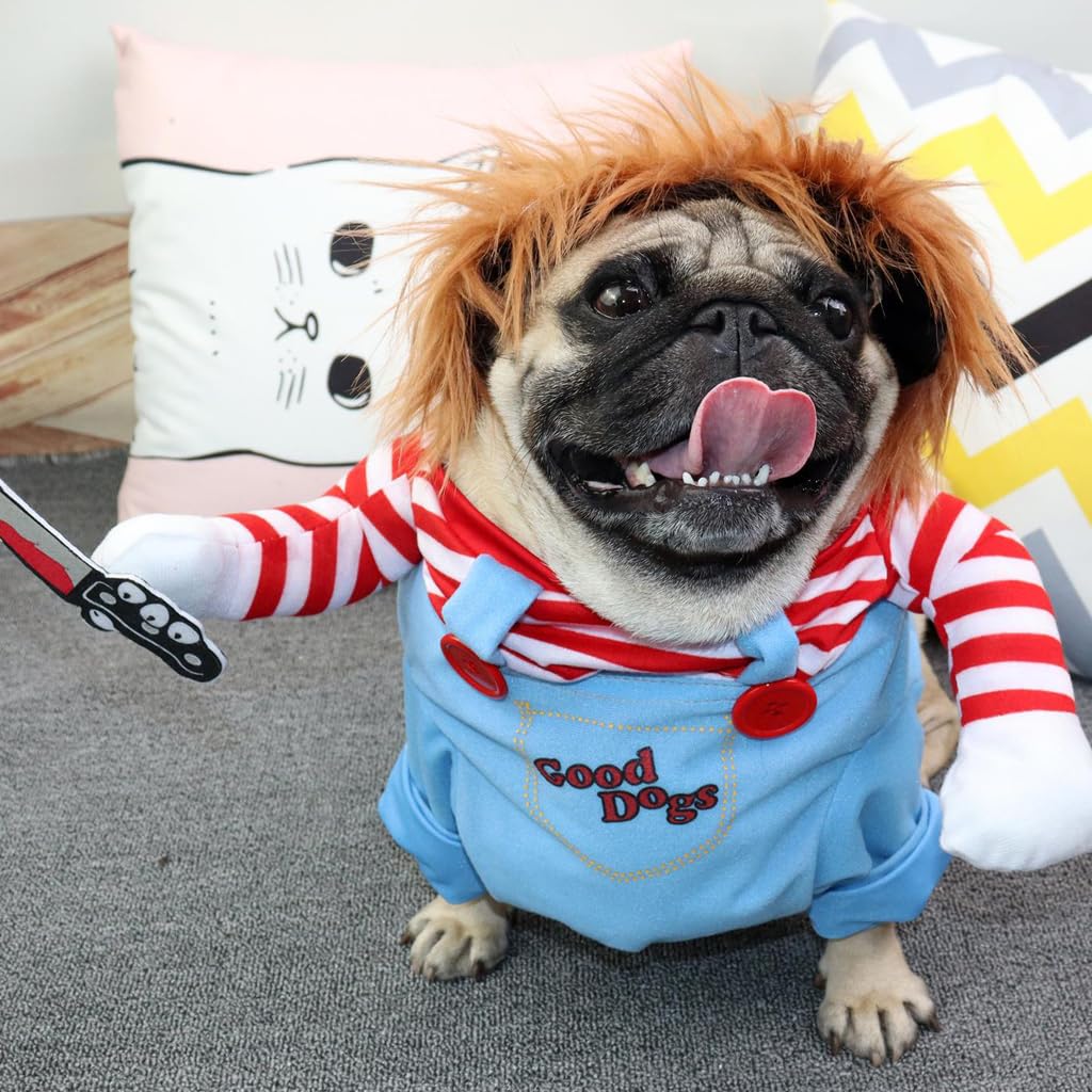 Qpets Pet Dog Clothes Hairpiece Costume Set, Funny Dog Clothes Deadly Doll Cosplay Costume For Halloween Party Funny Costume Dog Clothes Party Costume Dog Dress For Large Dogs Male (Size L), Blue