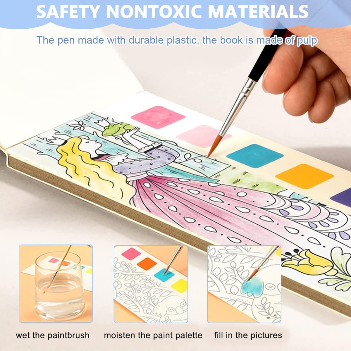 HASTHIP Magic Water Book for Kids - Frozen Elsa Princess Activity Coloring - 20 Sheets Watercolor Paint Book with 1 Brush - No Extra Paint Needed - Safe & Creative Educational Gift for 3+ Year Olds