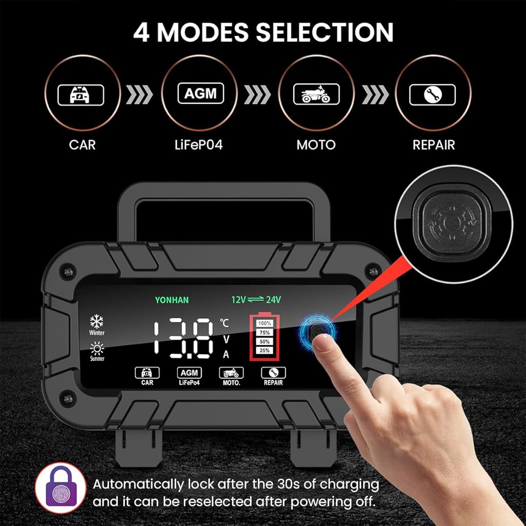 STHIRA 12V/24V Smart Car Battery Charger, Full Automatic with Repair Mode Bike Battery Charger, LCD Display & Safety Protection, LiFePO4/Lead Acid Battery Charger for Car, Bike, Lawn Mower Batteries
