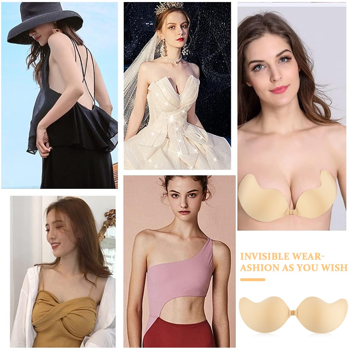 MAYCREATE Removable Push Up Bra Pads Invisible Women Push Up Bra Pad for D/E Cups Non-slip Sticky for Off-shoulders, Gown, Wedding Dress, Beige