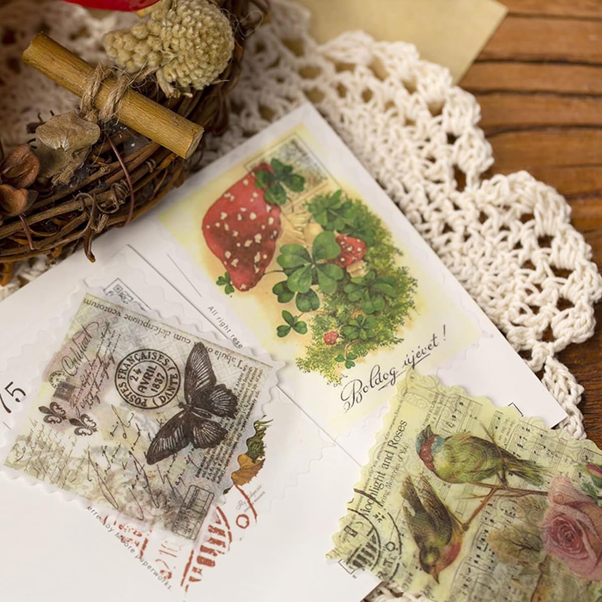 HASTHIP 240Pcs Vintage Postage Stamp Stickers, 120 Designs Aesthetic Botanical Deco Paper Sticker for Scrapbooking, Journaling Supplies, Planners, Kid DIY Art Crafts, Bullet Journal