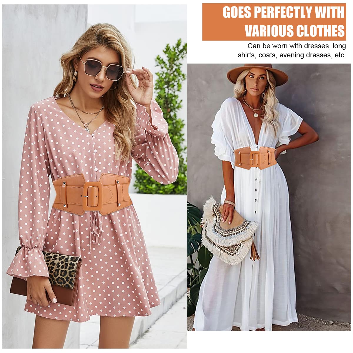 GUSTAVE Brown Women Belt for Dresses, Fancy and Stylish Belt for Women, Premium PU Elastic Waist Belts with Wide Buckle, Size 23 to 33 inches