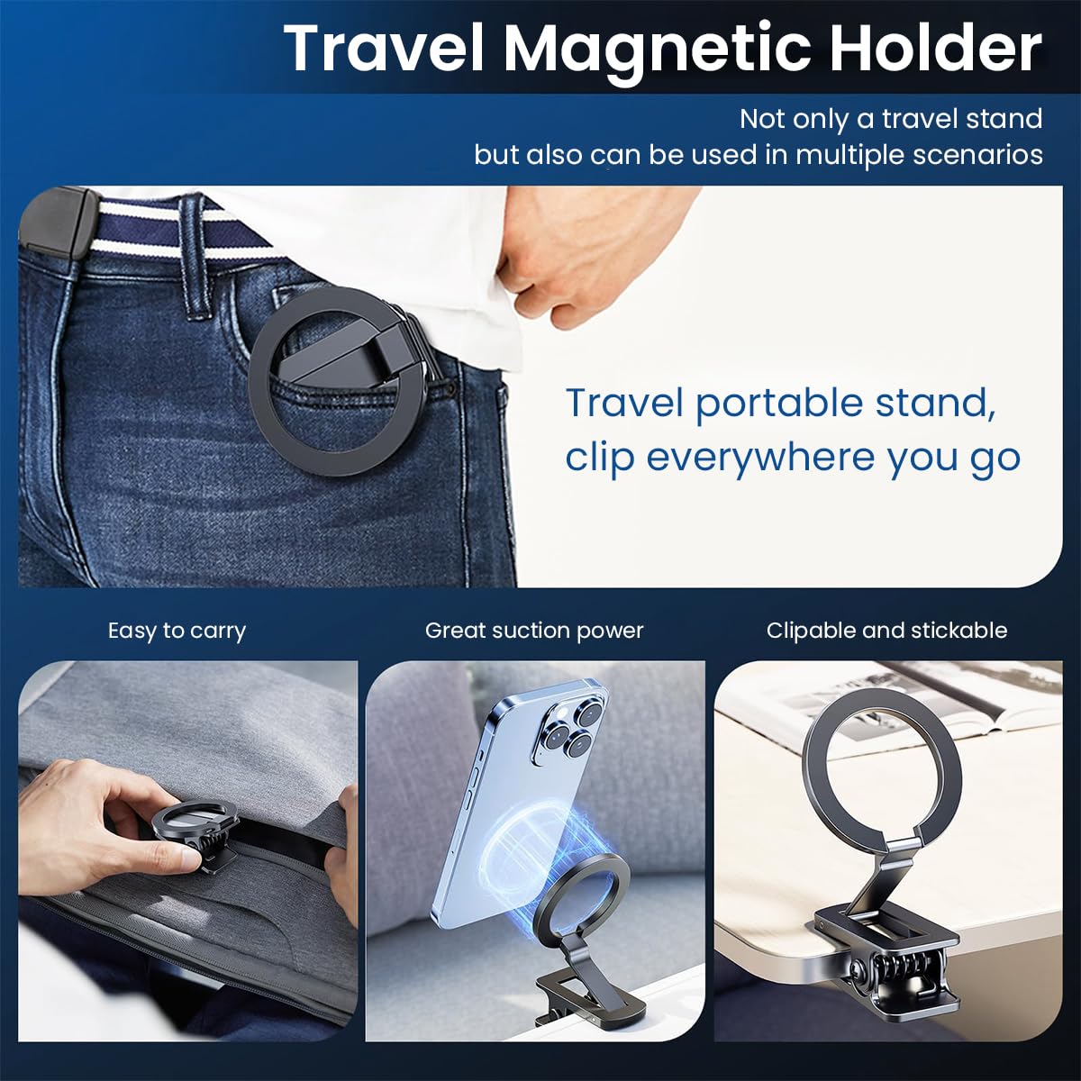 ZORBES Fits for Magsafe Car Mount, Phone Holder Clamp for Desktop, Hands Free Magnet Travel Phone Car Holder, Dash Phone Mount Car Fit for iPhone 15 14 13 12 Pro Max Mini MagSafe Cases