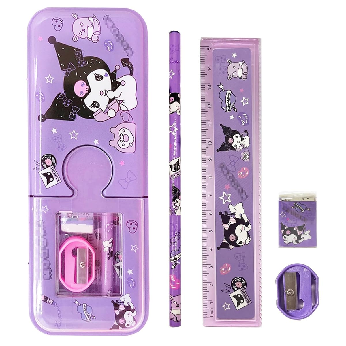 Climberty Kuromi Cartoon Pencil Box with Sharpener & Eraser - Double Layer Metal Purple Kuromi Pencil Box, Ideal for School & Birthday Gifts, Cartoon Pencil Childeren's Day Birthday Gift (Purple)