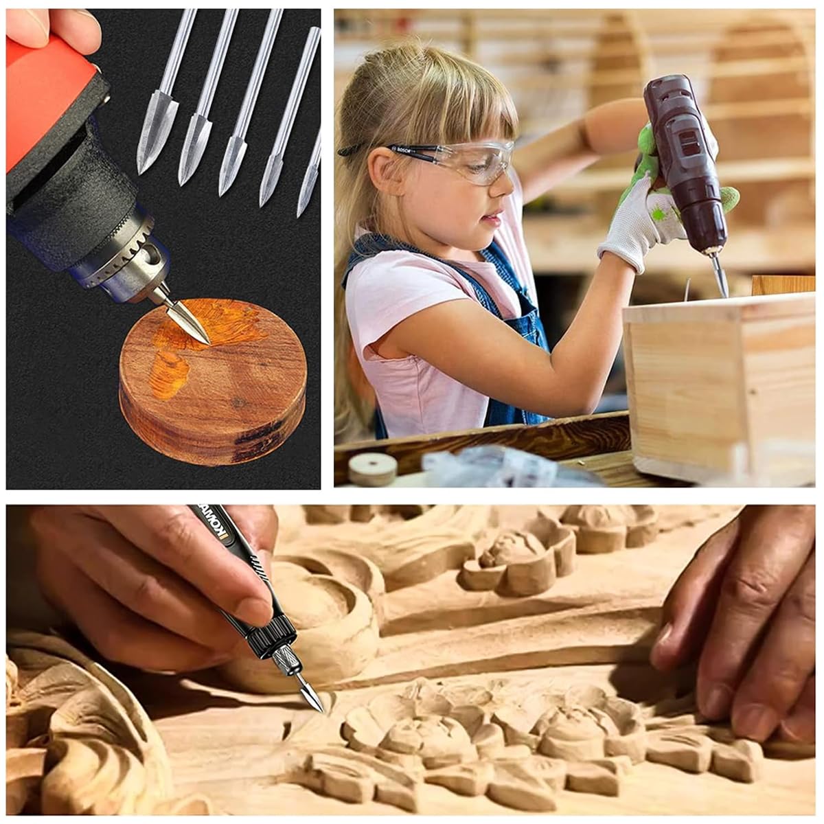 HASTHIP Wood Carving Tools for Rotary Tool, 5 PCS HSS Woodworking Tools Engraving Drill Bit Set Wood Crafts Grinding Tool Universal 1/8