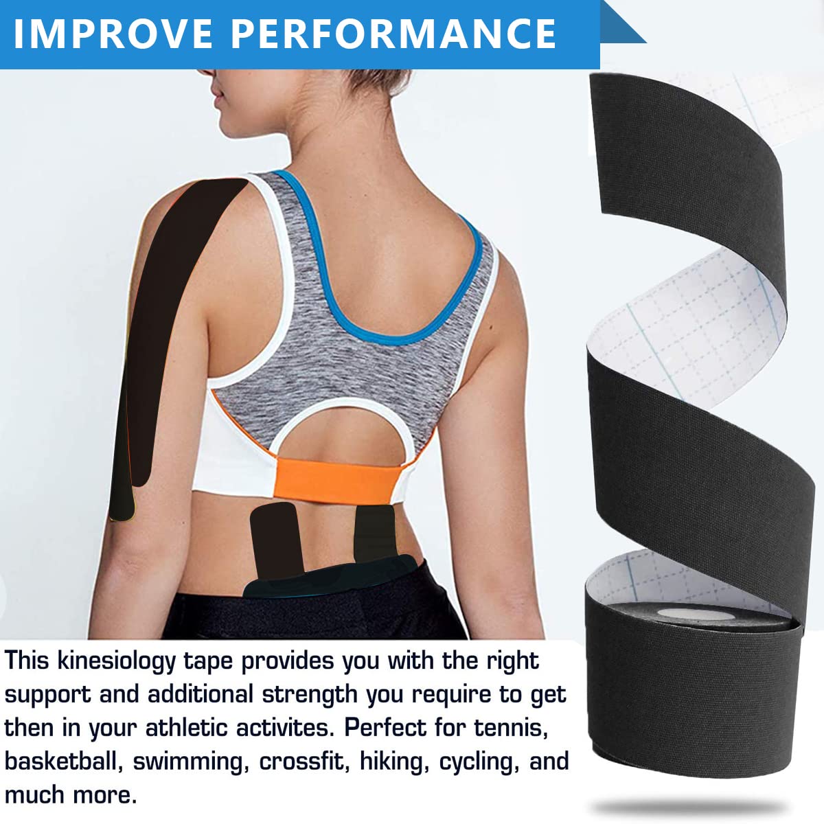 HANNEA Waterproof Breathable Kinesiology Tape, 5cm*5m Athletic Elastic Kneepad Muscle Pain Relief Knee Taping or Pain Relief, Injured Muscle Support, Black