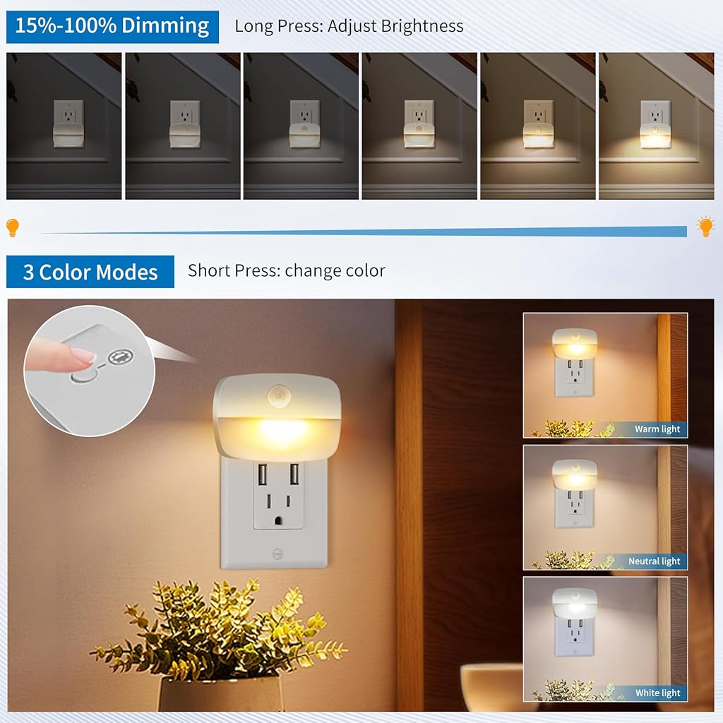 ELEPHANTBOAT® LED Night Light 3-Color Motion Sensor Smart Night Lights Multi Modes LED Night Light Wardrobe Light Stair Light Cabint Light Plug and Go Motion Sensor Lights for Bedroom, Kitchen, Entry