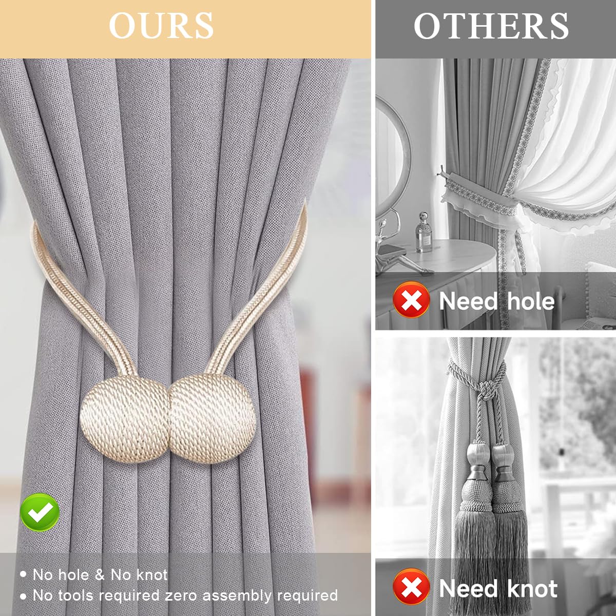 HASTHIP 4Pcs Magnetic Curtain Tieback, Curtain Clips Rope Holdbacks Curtain Weaving Holder Buckles for Home Office Decoration