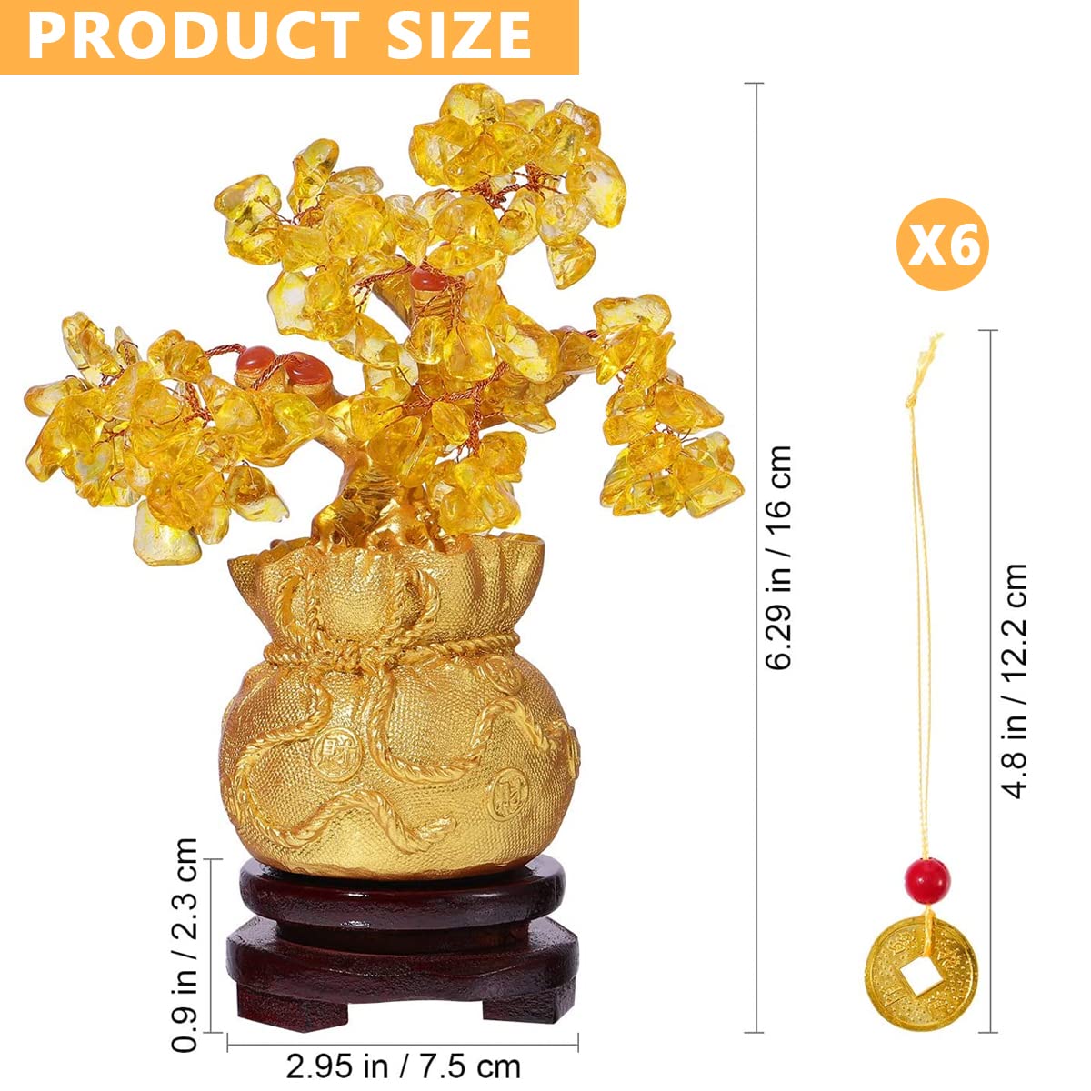 HASTHIP Feng Shui Tree Crystal Tree of Life, Good Luck Items for Home Decor, Golden Money Tree with 6 Hanging Coin Charms, Crystals Decoration Ornament Sculpture (19X18X8cm)