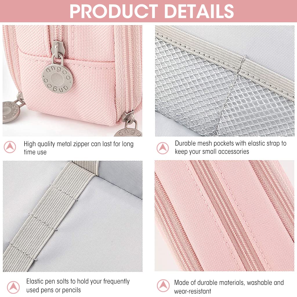 HASTHIP Large Capacity Pencil Case, 3 Compartment Pouch Pen Bag, Durable Multiple Compartment 3 Zipper Portable Storage Pencil Pouch for School Teen Girl Boy Men Women (Pink)