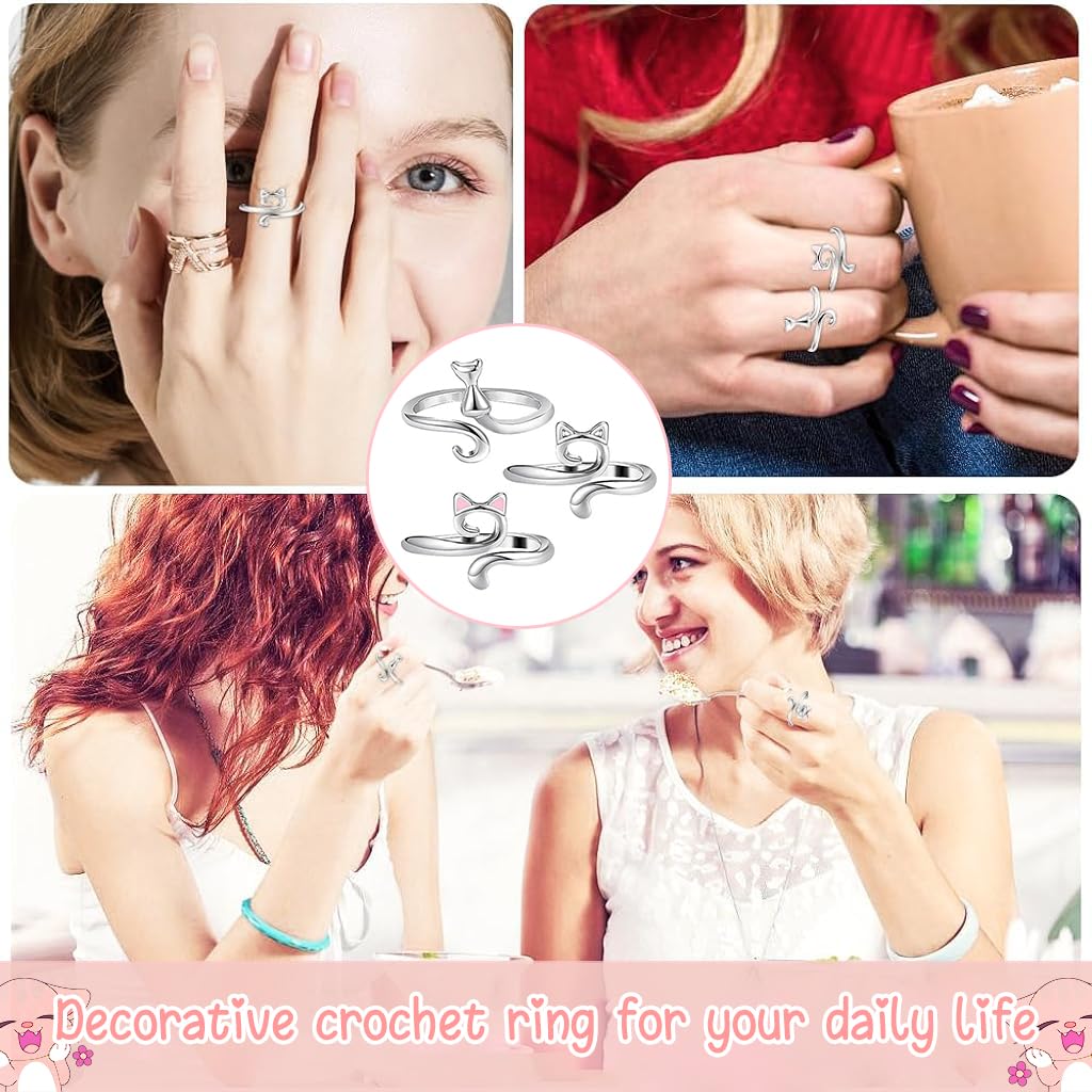 HASTHIP 3Pcs Crochet Rings for Crocheting, Adjustable Crochet Tension Ring for Finger Cat Crochet Finger Guard Ring Knitting Yarn Tension Ring for Women DIY Knitting & Crocheting