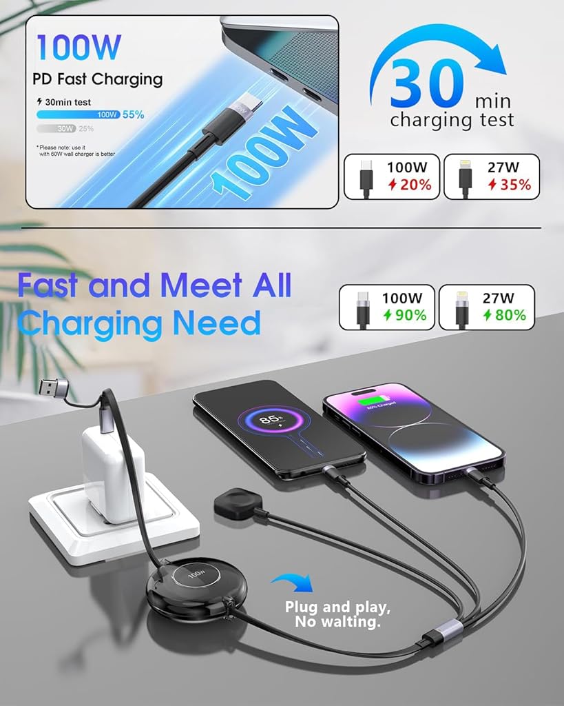 Verilux 6 in 1 USB C Charging Cable Retractable USB C Charging Cable with Apple Watch Wireless Charger Support Max 100W PD Fast Charging Compatible with iPhone 15/14/13, Samsung, Apple Watch