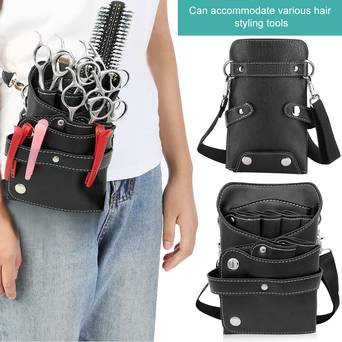 HANNEA Hairdresser Scissor Bag, PU Leather Barber Waist Bag Crossbody Bag, Hairdressing Scissor Holster with Adjustable Waist Belt, Hair Salon Scissor Storage Waist Bag for Scissors, Tools, Clips