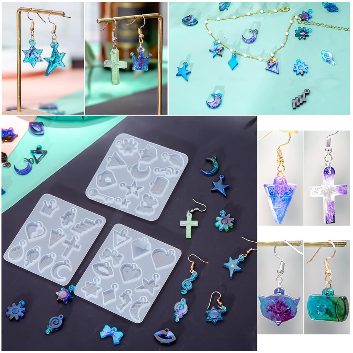 HASTHIP Resin Jewelry Molds, Variety Shapes Jewelry Casting Molds with Hole, Silicone Resin Earring Mold for Epoxy Resin Molds for Earrings Pendant Keychain Jewelry Making DIY Craft Supplies