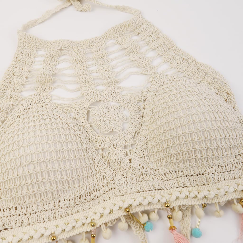 PALAY Women's Summer Beach Backless Crochet Halter Bikini Crop Top Crochet Hollow Out Tassle Embroidery Knit Boho Beachwear