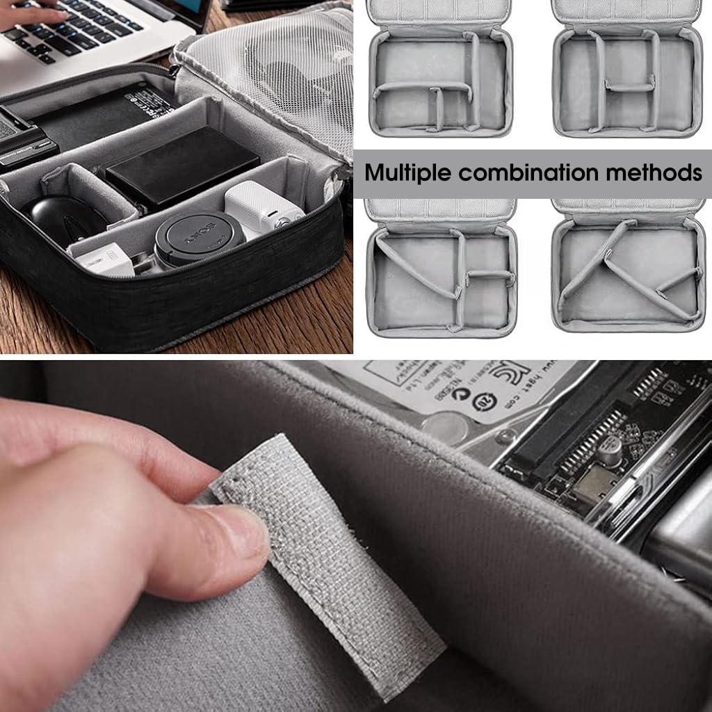 ZIBUYU Travel Cable Organiser Bag, Extra Large 3-Layer Universal Gadget Bag with Adjustable Dividers, Shockproof & Water-Resistant for Electronics, Power Bank, Cables - Black, Perfect for Travel