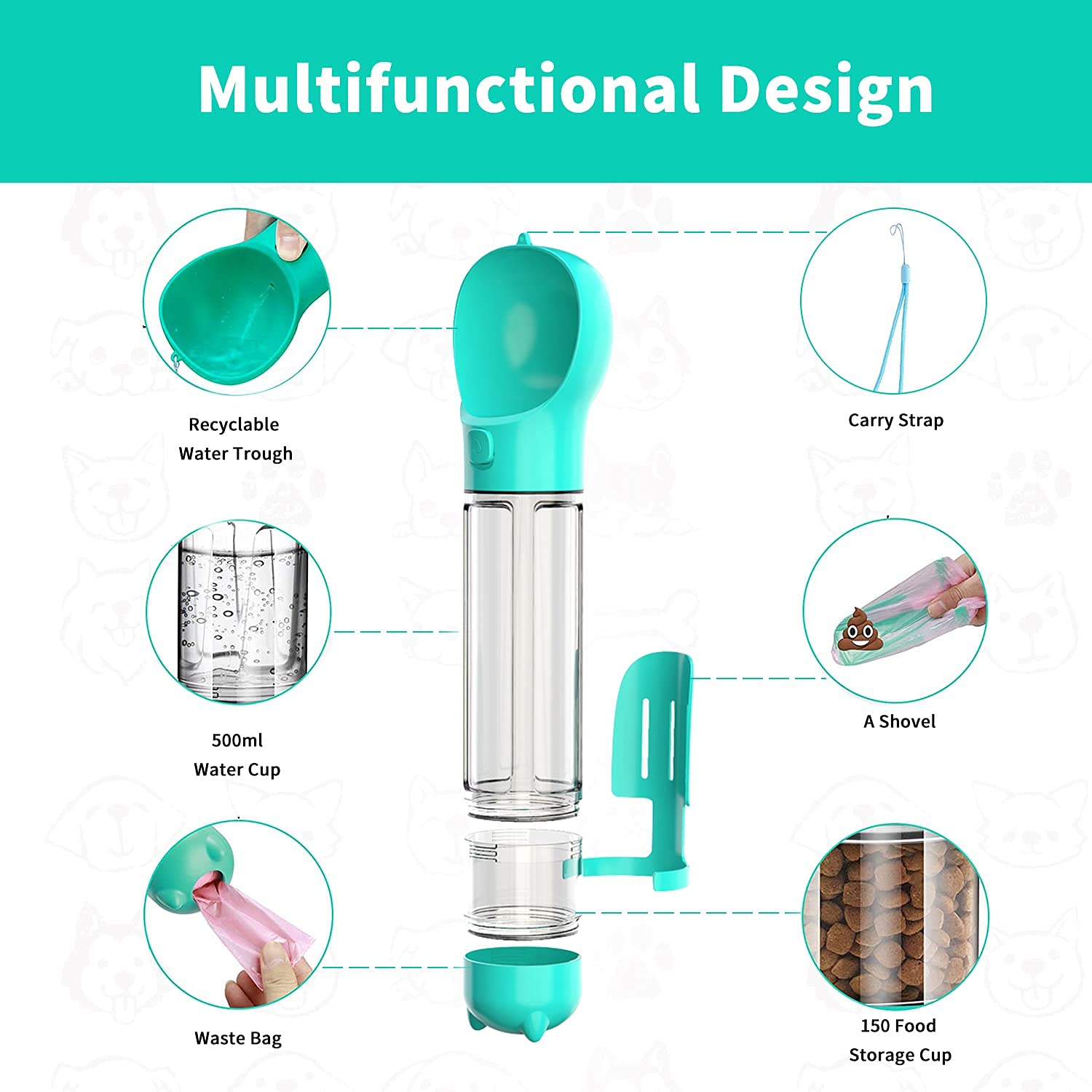 Qpets 300ML Dog Water Bottles Portable Leak Proof Dog Water Dispenser with Drinking and Feeding Function Lightweight Pet Water Dispenser for Walking and Travel for Dog, Cat Travel Water Bottle