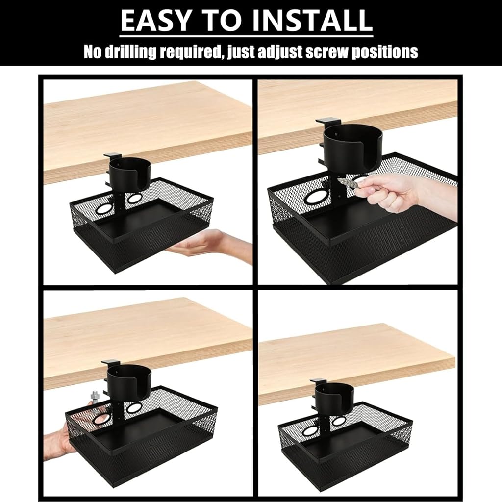 Climberty® RHBLME Black 360-Degree Under Desk Organizer with Cup Holder, Clamp-on Swivel Pencil Drawer Desk Hidden Extra Sturdy C-Clamp Mount System, Strong and Durable