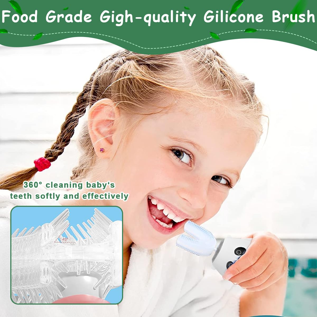 HANNEA Toothbrush For Kids, Electric U Shaped Ultrasonic Brush Tooth, Chargeable automatic Tooth Brush IPX7 Waterproof USB Rechargeable Toothbrush With 3 Cleaning Modes (Age 3+)