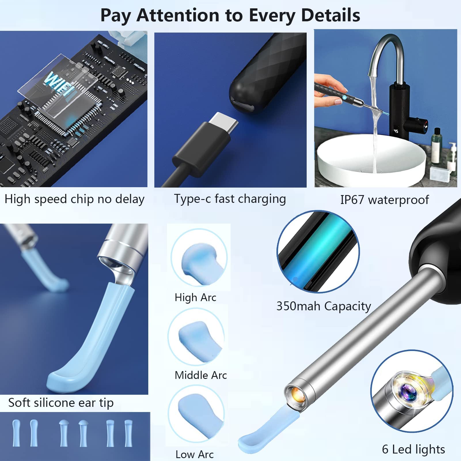 HANNEA Ear Wax Remover Tool Kit Camera 6-Axis Gyroscope Ear Cleaner Tool with 6 Ear Spoons & 1 Acne Pin Ear Wax Cleaner Machine 1080P 4mm Otoscope Lens Ear Camera Cleaner for Cleaning Spade for IOS & Android