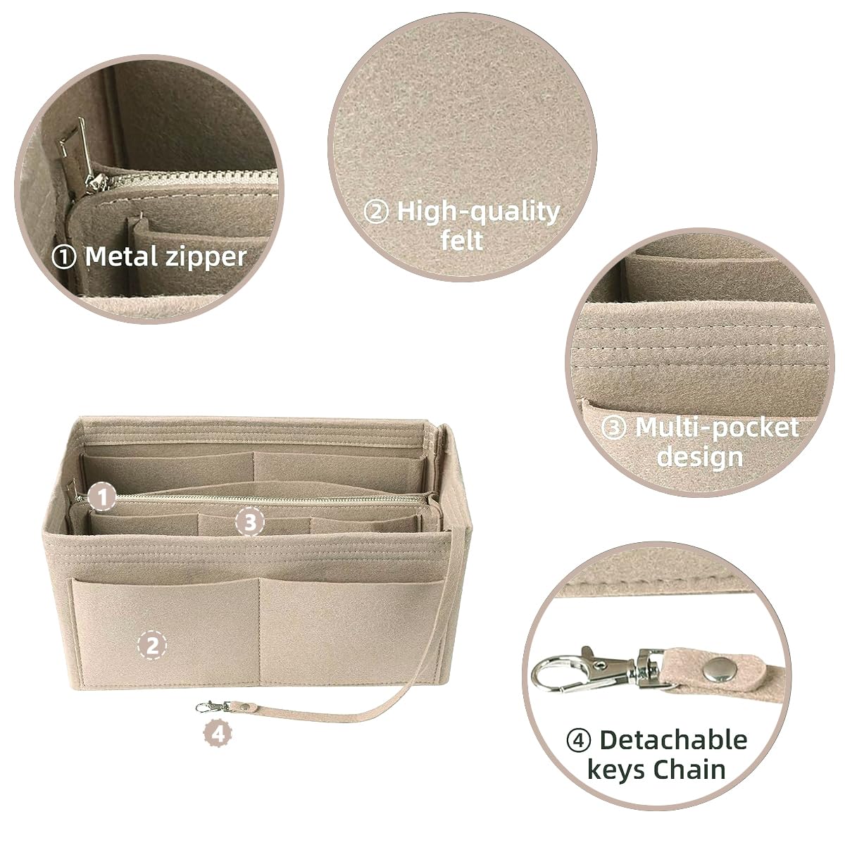 MAYCREATE Women Felt Purse Organizer Insert for Handbag, Felt Bag organizer with zipper for Handbag Tote Bag Storage Purse Divider, Beige
